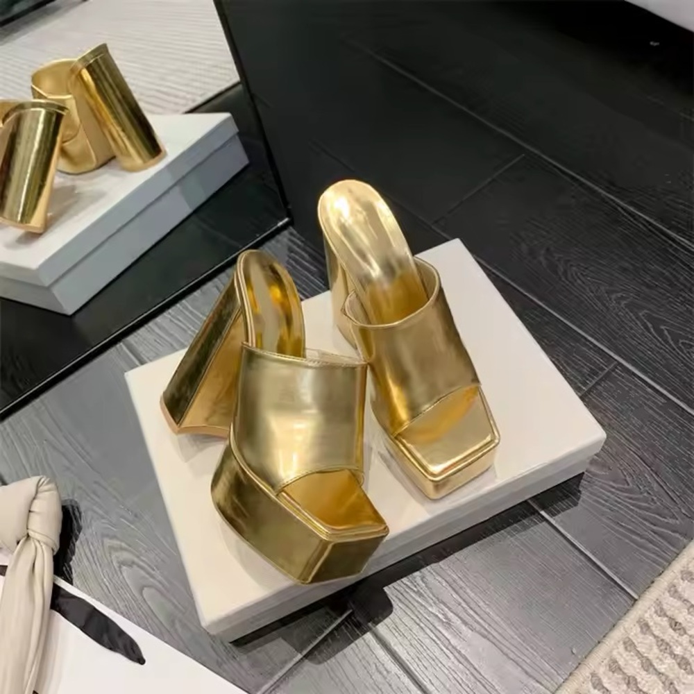 BAMBOO Gold Mules with Chunky Block Heel